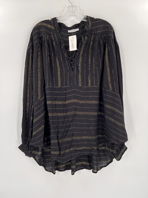 NEW TAGS Ces Femme Blouse Womens Black Gold Stripe Flowy Swimsuit Coverup LARGE