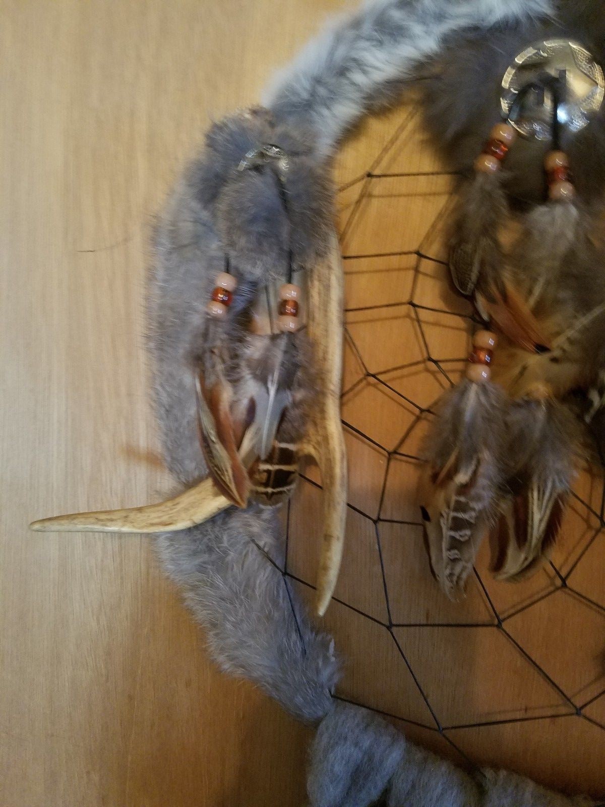 Native American wall decoration dream catcher  antler rabbit fur pelt