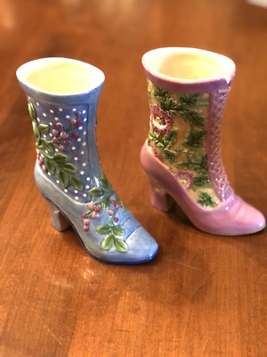 FITZ & FLOYD TWO BOOTS/SHOES  BLUE & PINK  VASE OR TRINKETS  NOS