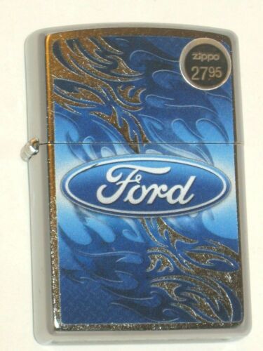 New Windproof USA Zippo Lighter 49307 Ford Flames Script in Oval Logo St Chrome