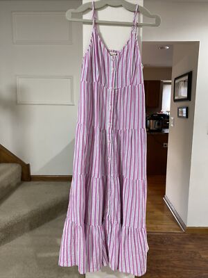 Universal Thread Pink White Stripe Maxi Sundress w/ Pockets Button Up Sz Small