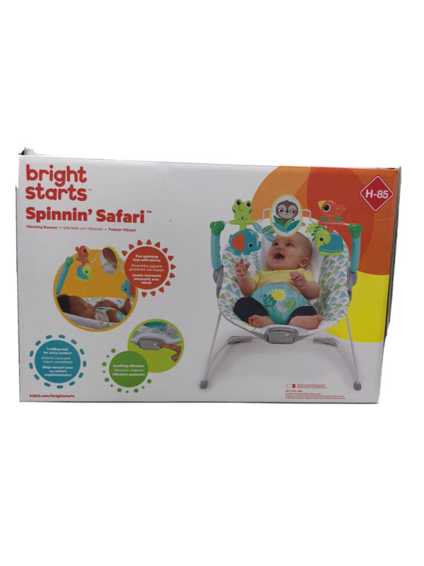 Bright Starts Spinnin’ Safari Vibrating Baby Bouncer Seat with Toy Bar, 0-6 Mont