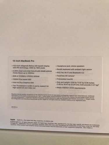 Mac Book Pro 13 Inch Silver Gray A1708 Retina display Box Only