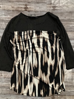 Chicos Travelers Blouse Top  Black W Gold Dots Animal Print 3/4 Sleeve Sz 1 NWT