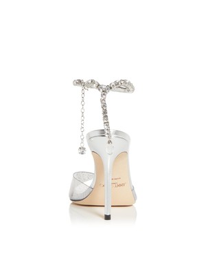 Pre-owned Jimmy Choo Womens Silver Glitter Saeda 100 Square Toe Stiletto Heeled Sandal 37