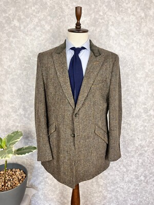 Harris Tweed For Holland Esquire Herringbone Velvet Collar Blazer 46 L, EU 56 L