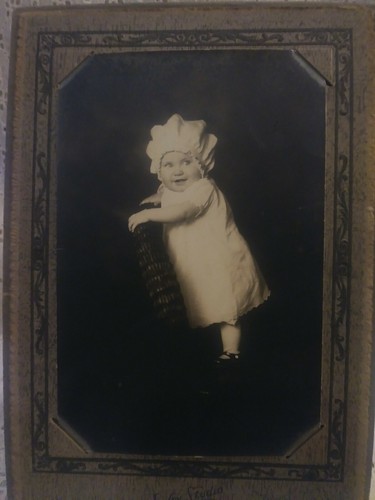Vintage Antique Black and White Baby Girl Smiling Bonnet Studio Photograph *P*
