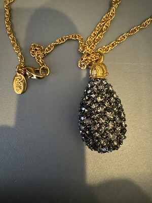 Vintage Joan Rivers Black Caviar Necklace 3D Egg Pendant Gray Crystal 28'' J-100