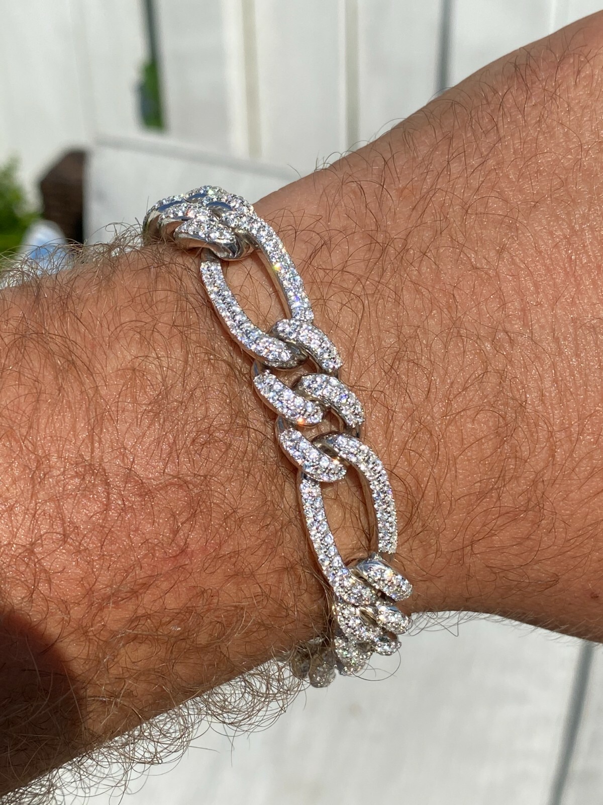 Pre-owned Harlembling Real Solid 925 Silver Mens Custom Figaro Bracelet 14mm Iced Diamond Heavy Hiphop