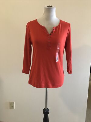 Croft & Barrow burnt orange 3/4 sleeve 1/4 snap top, women s M, NWT, bust 18 