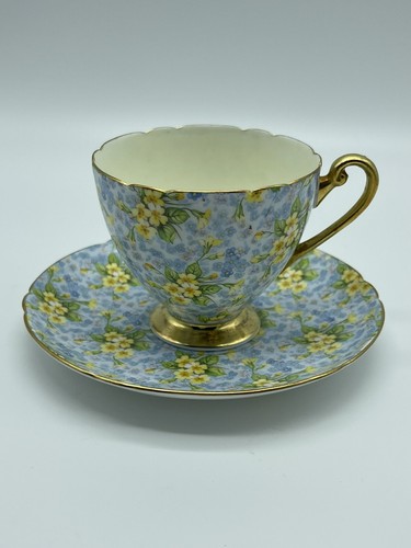 食器 primrose SHELLEY PRIMROSE TEA CUP & SAUCER SET BLUE & YELLOW FLORAL