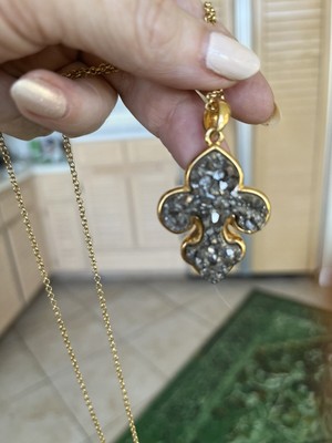 MARCIA MORAN TITANIUM DRUZY FLEUR DE LIS LONG PENDANT NECKLACE 18K YG PLATED