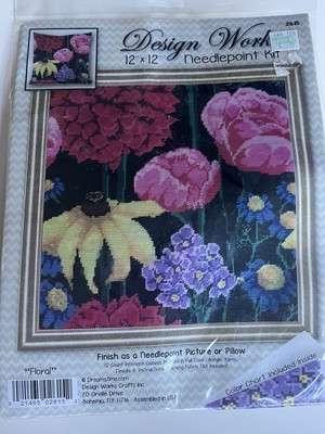 Design Works Floral Needlepoint Stitch Kit #2615 Acrylic Yarn Flowers 12'' x 12'' 