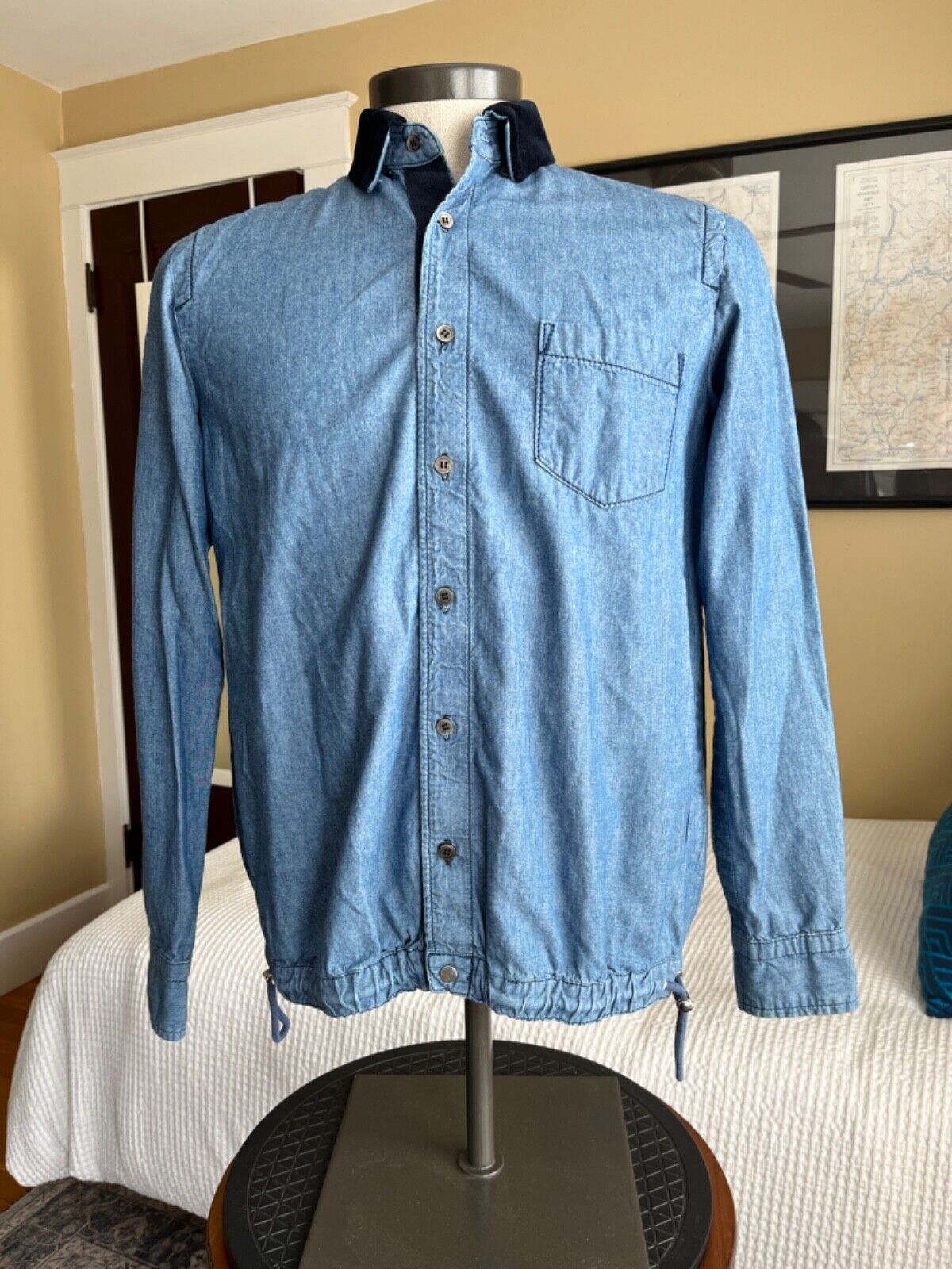 Sacai Sz. 2 (Men S/Women M) Blue Denim Shirt Jacket, Black Sacai Sz. 2 (Men S/Women M) Blue Denim Shirt Jacket, Black