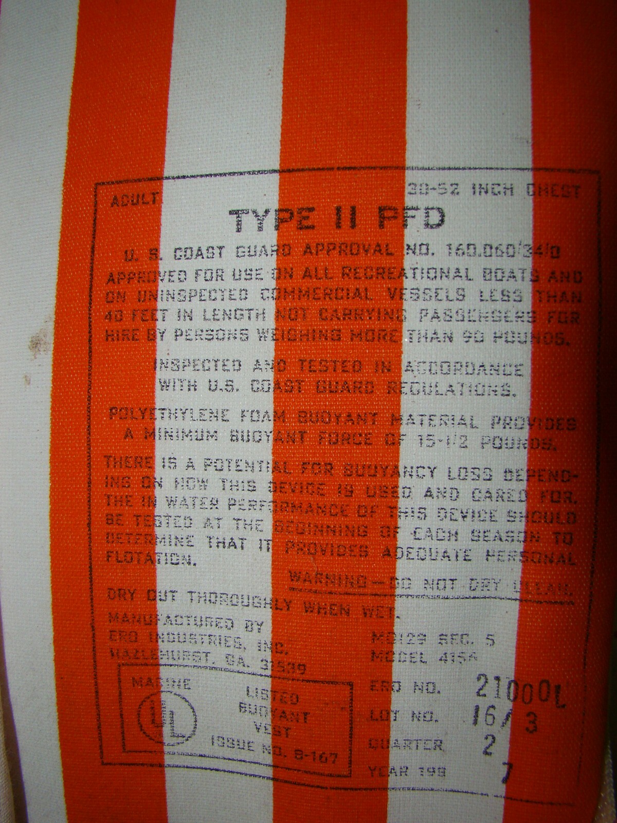 Vintage collectible Orange Striped Life Preserver~ Striped Vintage Life Vest