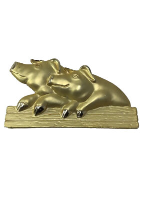 Gold Tone Satin Finish Pigs On A Log Pin Brooch  3.5''