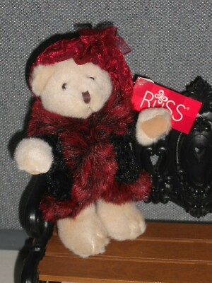 New Vintage Russ Berrie Plush NATASHA Teddy Bear 8'' Victorian Red/Black Fur Coat