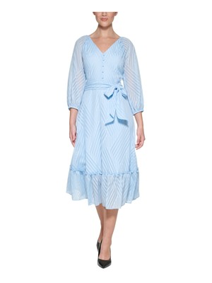 

KARL LAGERFELD PARIS Женское голубое платье миди с поясом и пуговицами и рукавами 3/4, Light blue