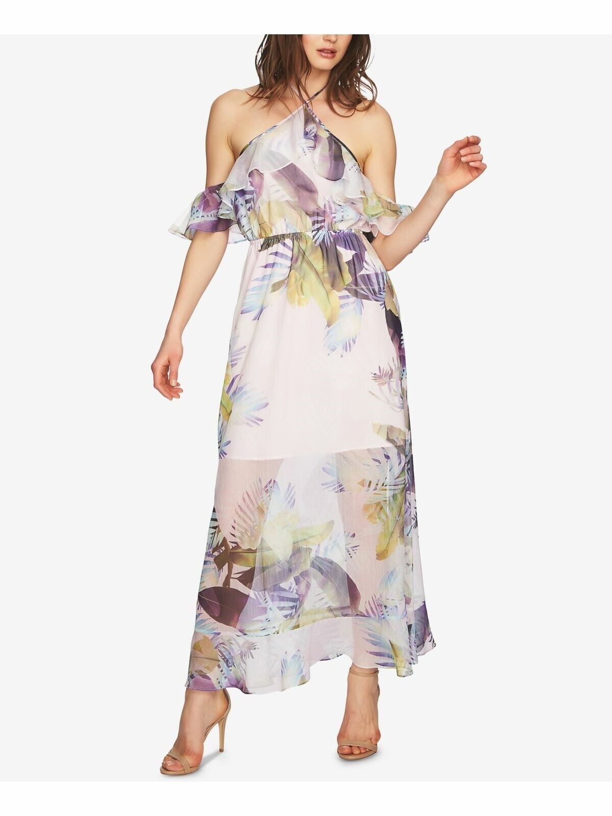CECE 256780 Women's Printed Cold Shoulder Halter Maxi Dress Pink Lotus Size 8