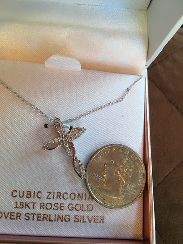 PRIMROSE 18KT Rose Gold Over Sterling Silver CZ Cross Religious Necklace 18 Box