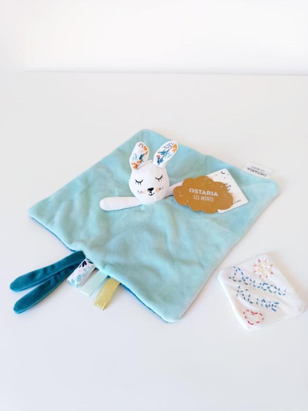 Doudou Plat/Mouchoir Lapin Blanc Vert D'Eau Lange Attache TÃ©Tine - Ostaria Minis