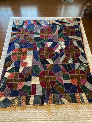 68x68 Large Handmade Denim and Cotton Floral Quilt with metallic accents
