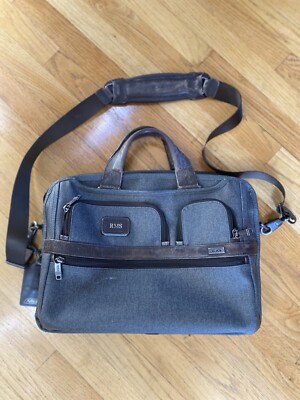TUMI Laptop Briefcase - Gray With Brown Leather Straps & Handle