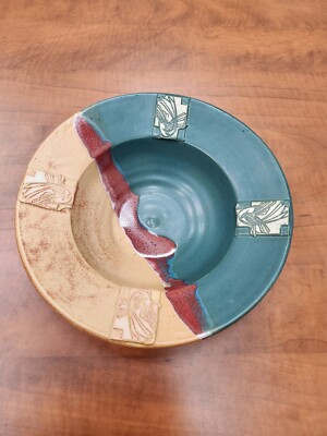TESTED BY FIRE POTTERY Drip Glaze 9 1/4  Bowl Rob Grimes Green/Teal Red Tan