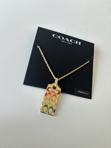 Coach Quilted Signature C Dog Tag Pendant Necklace Gold Tone