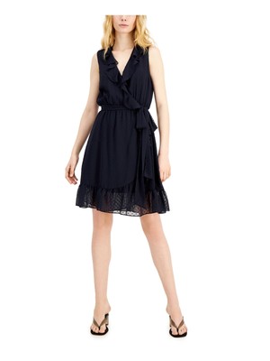

INC DRESS Женское темно-синее короткое вечернее платье без рукавов с поясом и искусственным запахом, Navy