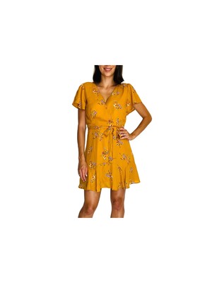 TRIXXI Womens Gold Zippered Floral Surplice Neckline Short Wrap Dress M