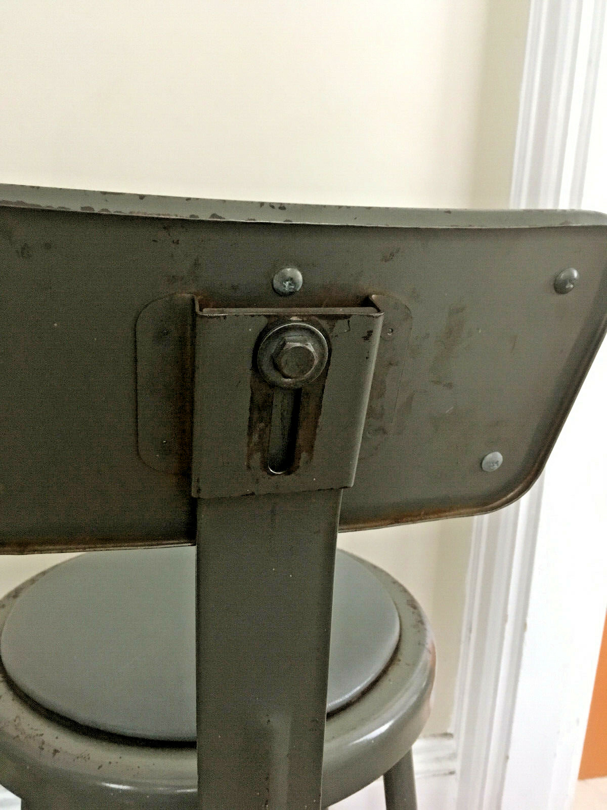 Vtg Krueger MC Industrial Era Metal Stool Back Work Chair Grey Drafting Medical