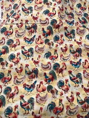 Roosters Hens Teal, Orange & Yellow 100% Cotton Quality Quilt Fabric by the yard