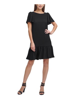 

Женское черное короткое вечернее платье-трапеция DKNY с рукавами-крылышками на молнии и круглым вырезом, Черный