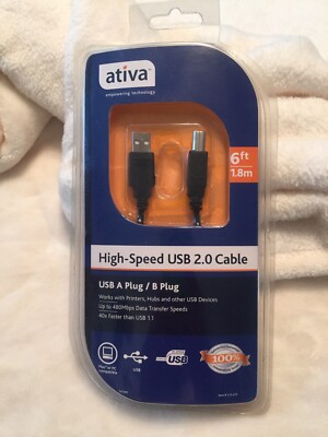 Ativa High-Speed USB 2.0 A Plug To B Plug A/B Cable 6ft Long New