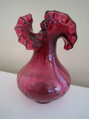 Antique Cranberry Glass Vase Dot Optic Glassware Crimped Edge Art Glass Ruffle Edge Victorian Inverted Thumbprint