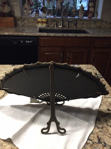 ANTIQUE METAL VICTORIAN FAN SHAPE MIRROR W/EASEL STAND