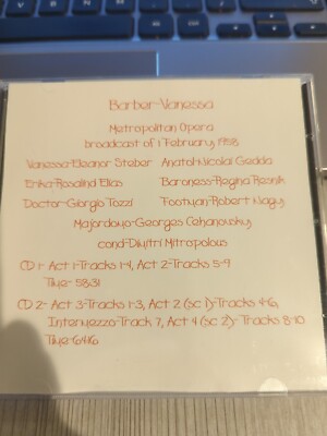 Rare Live Opera Recording CD -286 Vanessa MET 1958 Steber Gedda Elicis Resnik