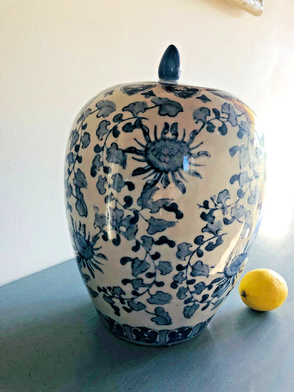 Grand Pot Couvert Ã  Gingembre En Porcelaine Blanc & Bleu Ã  DÃ©Cor Floral  33 Cm