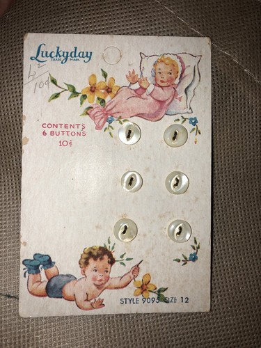 Lot- Vintage Luckyday mother of pearl button card, Babies graphic Suttons
