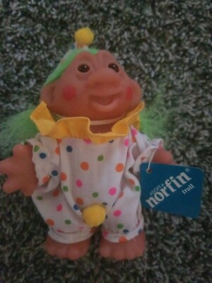 Vintage Dam Adopt A Norfin Troll 5 Inch Clown-1986- Green Hair-Open Smily Mouth