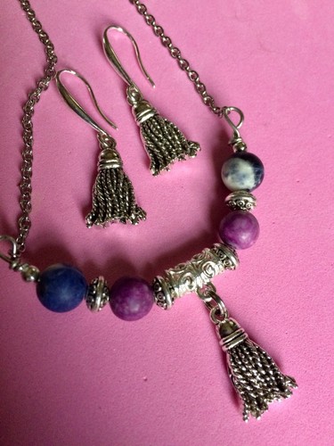 Tibetan Tassel Swing Stone Necklace ,Earrings Jewelry Set Sodalite,Purple Jasper