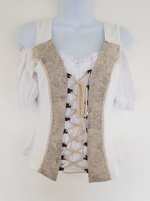 Vintage Shirt Corset Top Beige White Bavarian Oktoberfest German Retro 8 FLAW