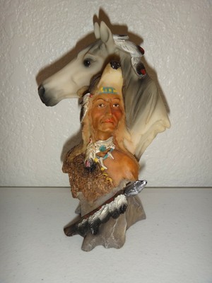 Native American Indian Chief in Wolf Headdress & Horse Bust Resin Souvenir 6 in