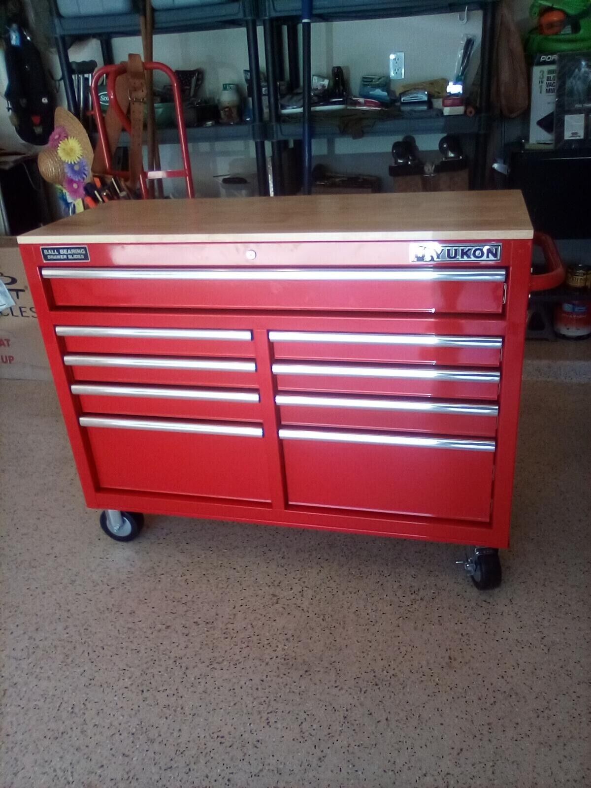 YUKON 46 in. 9 Drawer Mobile Storage Cabinet with Solid Wood Top, Red YUKON 46 in. 9 Drawer Mobile Storage Cabinet with Solid Wood Top, Red