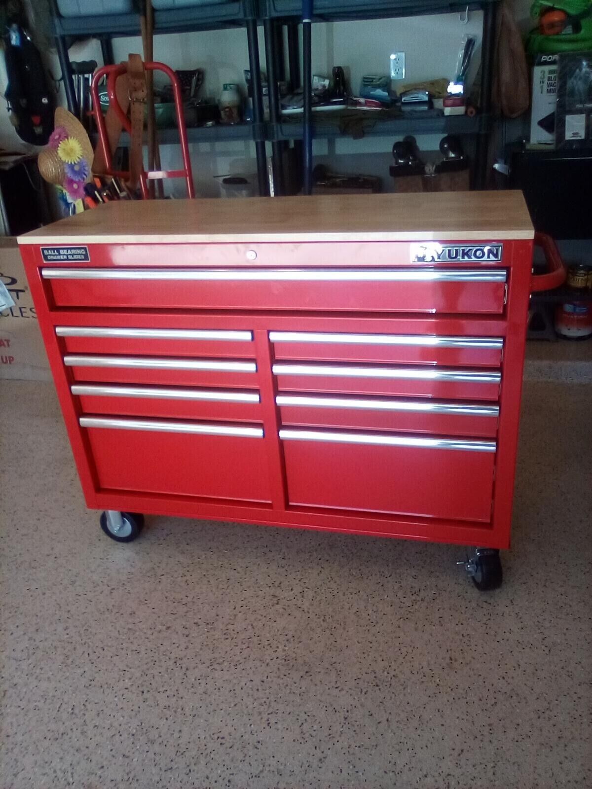 46 In. 9-Drawer Mobile Storage Cabinet With Solid Wood Top, Red Workbench