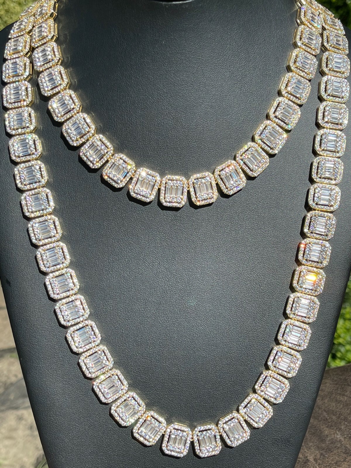 Pre-owned Silver 14k Gold Plated Real 925  Baguette Chain 15mm Men's Iced Cz Necklace