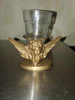 Vintage Cast Brass Angel Cherub Wings Candle Holder W/Glass Insert