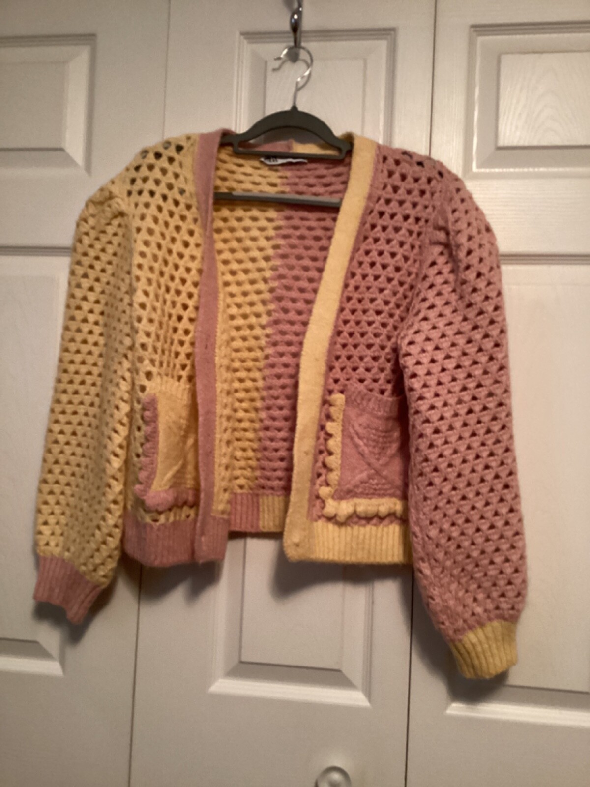 ZARA Women Chunky Knit Cardigan Yellow Pink ColorBlock