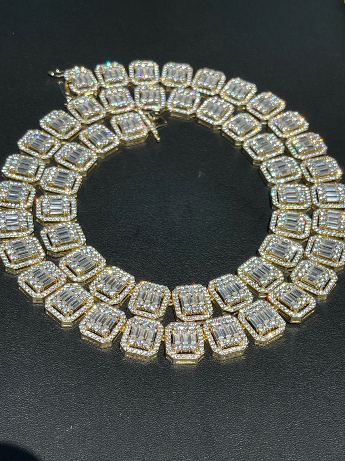 Pre-owned Silver 14k Gold Plated Real 925  Baguette Chain 15mm Men's Iced Cz Necklace